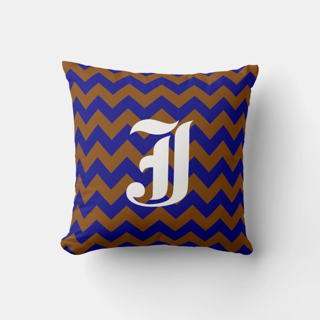 Brown Navy Zigzag Pattern with Monogram Cushion (Front)