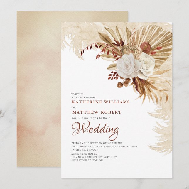 Brown Neutral Grey Floral Boho  Invitation (Front/Back)
