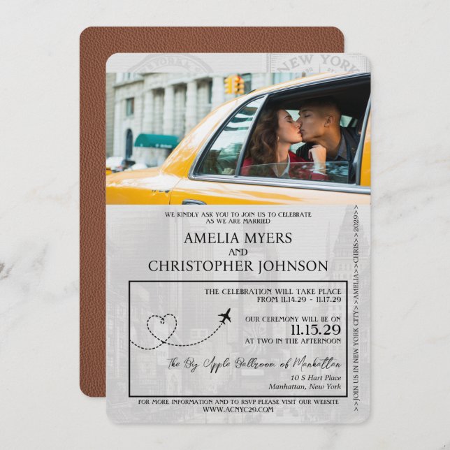 Brown New York City Passport Wedding Invitation (Front/Back)