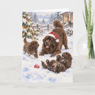 Brown Newf and Puppies Playing in the Snow Card