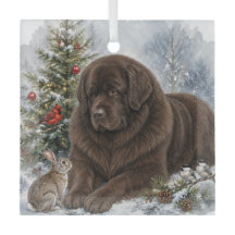 Brown Newf Winter Glass Square Ornament