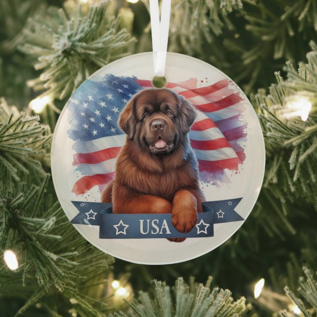 Brown Newfie Patriotic Round Glass Ornament (Insitu)