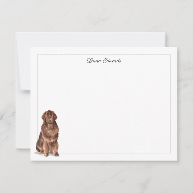 Brown Newfoundland Dog Gray Border Personalized Card (Front)
