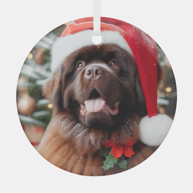 Brown Newfoundland Dog Santa Hat Ornament (Front)