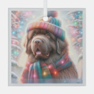 Brown Newfoundland in Winter Beanie Portrait Glass Tree Decoration