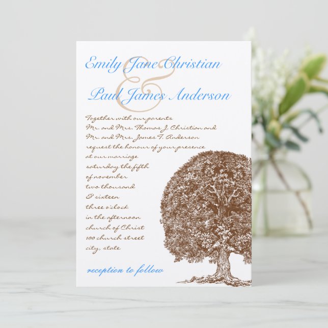 Brown Oak Tree Aqua Blue Font Wedding Invitation (Standing Front)