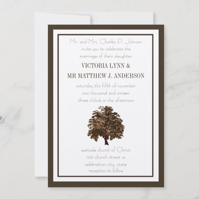 Brown Oak Tree Wedding Invitation (Back)