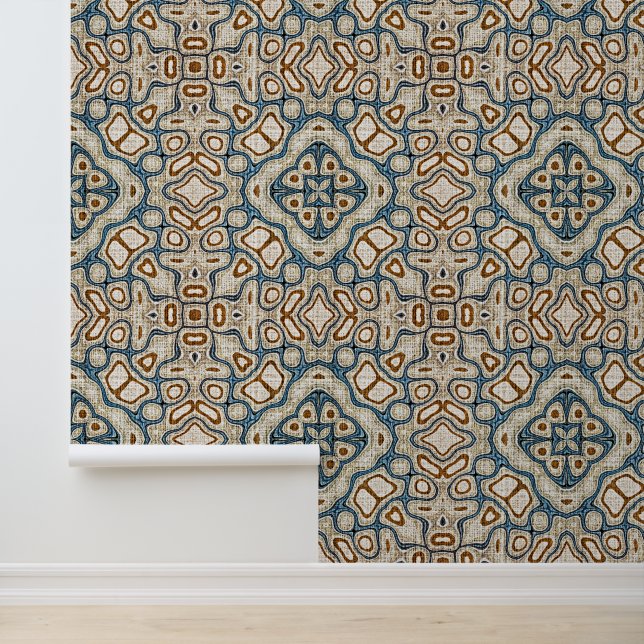 Brown Ochre Teal Blue Hip Bohemian Bali Art Wallpaper (Application)