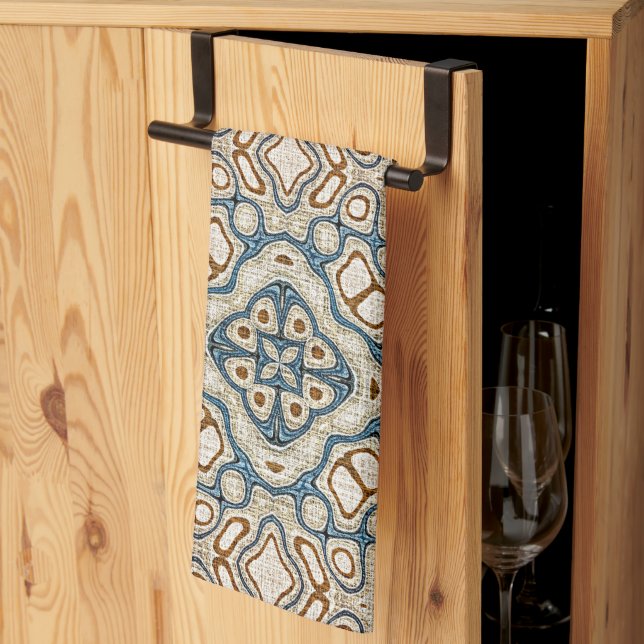 Brown Ochre Teal Blue Hip Tribe Art Tea Towel (Thirds Fold)