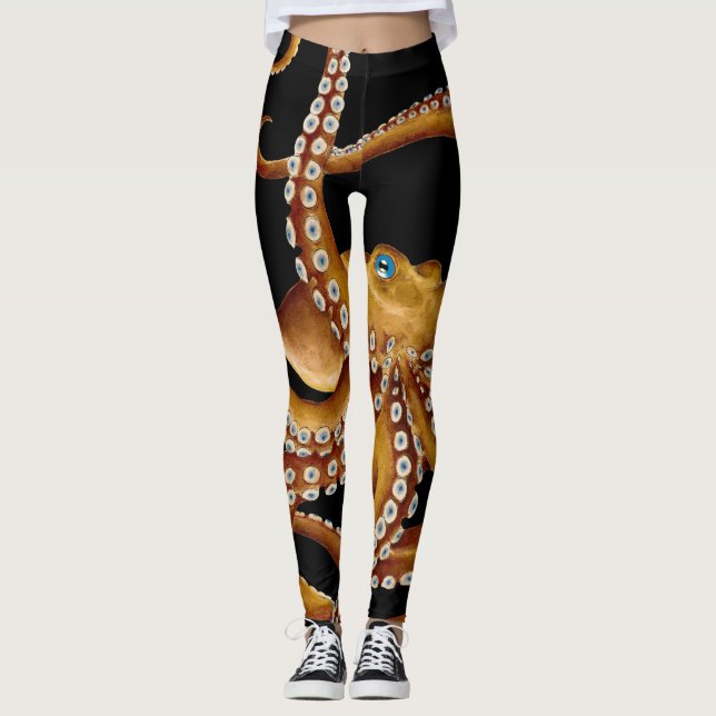 Brown Octopus Blue Eye Black Art Leggings (Front)