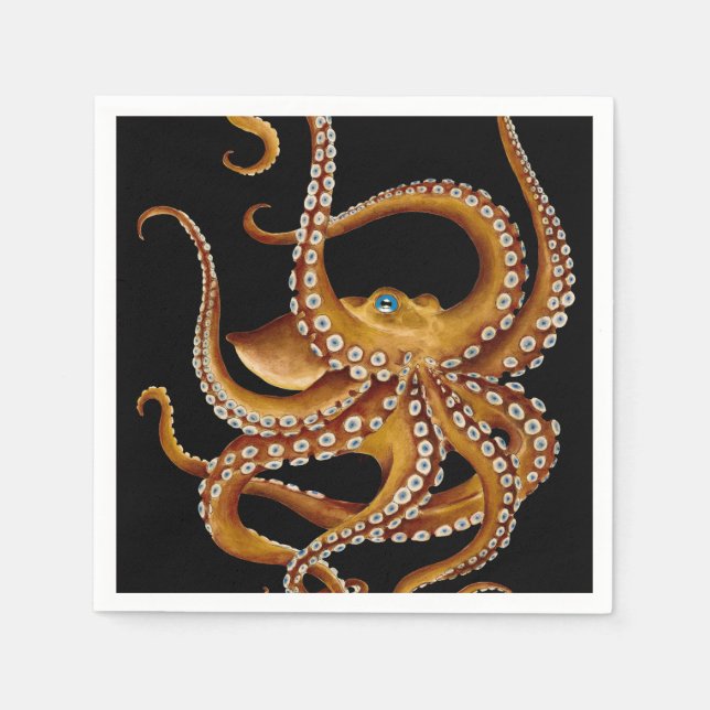 Brown Octopus Blue Eye Black Art Napkin (Front)