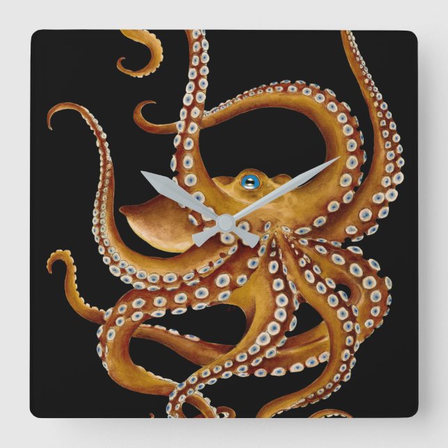 Brown Octopus Blue Eye Black Art Square Wall Clock (Front)