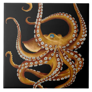 Brown Octopus Blue Eye Black Art Tile