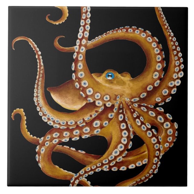Brown Octopus Blue Eye Black Art Tile (Front)