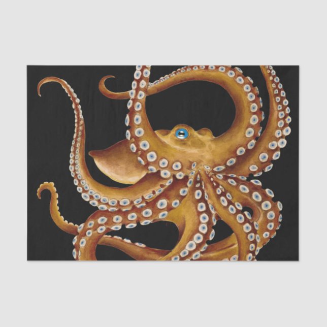 Brown Octopus Blue Eye Black Art Tissue Paper (Front)