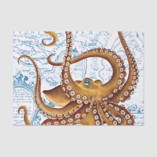 Brown Octopus Blue Vintage Map Tissue Paper (Front)