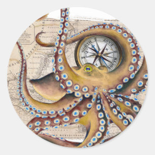 Brown Octopus Vintage Map Compass Classic Round Sticker