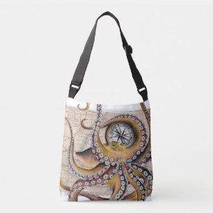 Brown Octopus Vintage Map Compass Crossbody Bag