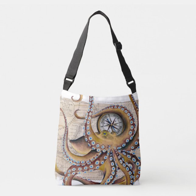 Brown Octopus Vintage Map Compass Crossbody Bag (Front)