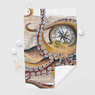Brown Octopus Vintage Map Compass Golf Towel