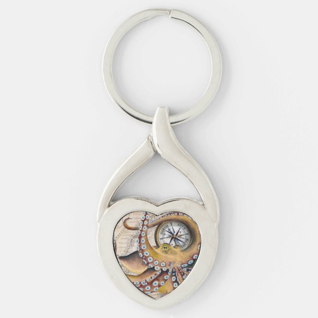 Brown Octopus Vintage Map Compass Key Ring (Front)