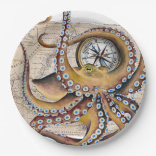 Brown Octopus Vintage Map Compass Paper Plate