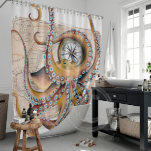 Brown Octopus Vintage Map Compass Shower Curtain