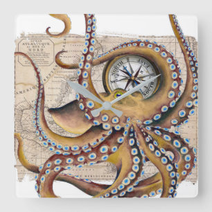 Brown Octopus Vintage Map Compass Square Wall Clock