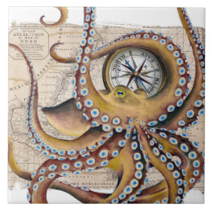 Brown Octopus Vintage Map Compass Tile