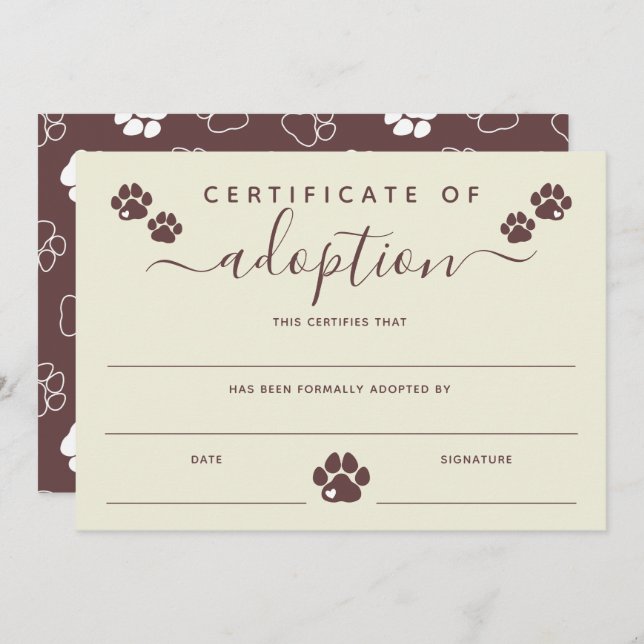 Brown Off-White Paw Prints Certificate of Adoption (Front/Back)