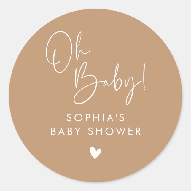 Brown Oh Baby Modern Boho Baby Shower Classic Round Sticker (Front)