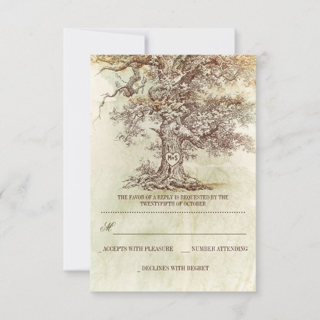 brown old tree rustic wedding RSVP cards (Front)