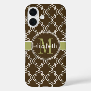 Brown Olive White Moroccan Quatrefoil Monogram iPhone 16 Case