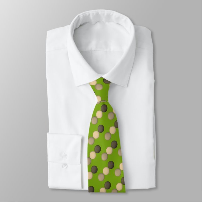 Brown on Green, Fun Modern Polka Dot Pattern Tie (Tied)