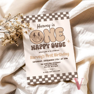 Brown ONE HAPPY DUDE Smile Retro Groovy Birthday  Invitation