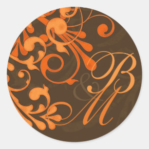 Brown Orange Abstract Floral Fall Wedding Stickers