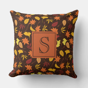 Brown Orange and Yellow Fall Leaves Monogram Cushion