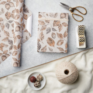 Brown Orange Autumn Leaves Birthday Wrapping Paper