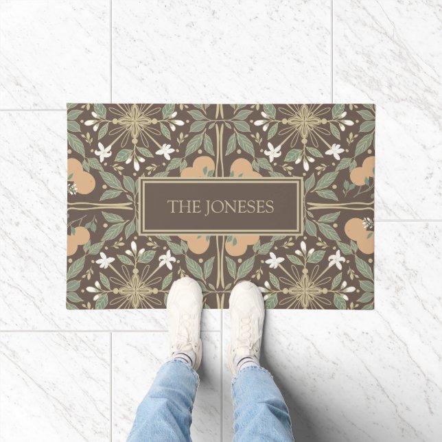Brown Orange Blossoms Pattern and Custom Text Doormat (Indoor)