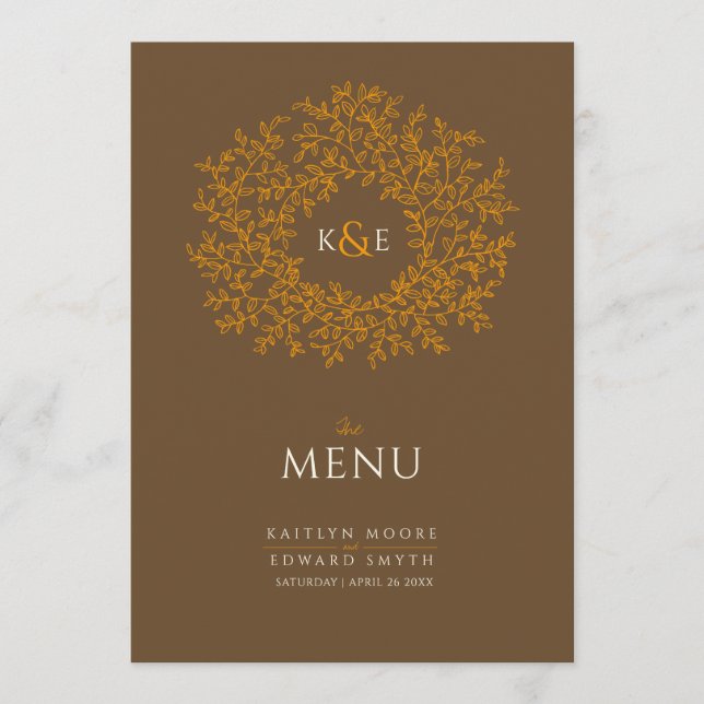 Brown orange botanic leaf drawing monogram wedding menu (Front)