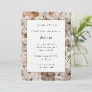 Brown Orange Cream Flowers Birthday Invitation