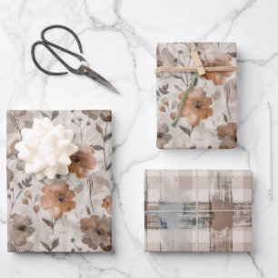 Brown Orange Cream Flowers Stripes Birthday Wrapping Paper Sheet