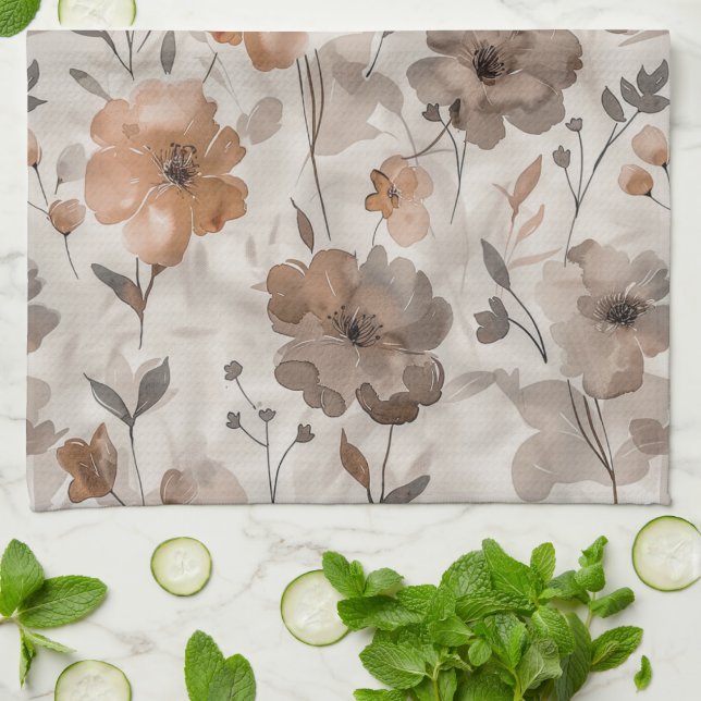 Brown Orange Cream Flowers Tea Towel (Folded)