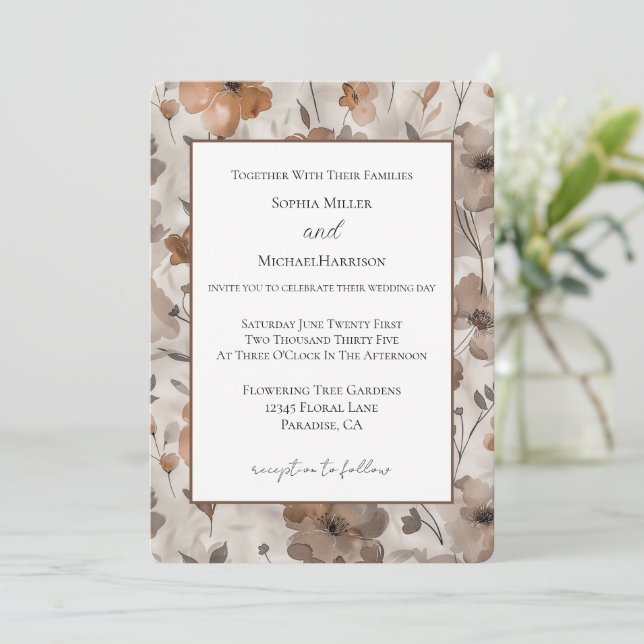 Brown Orange Cream Flowers Wedding Invitation (Standing Front)