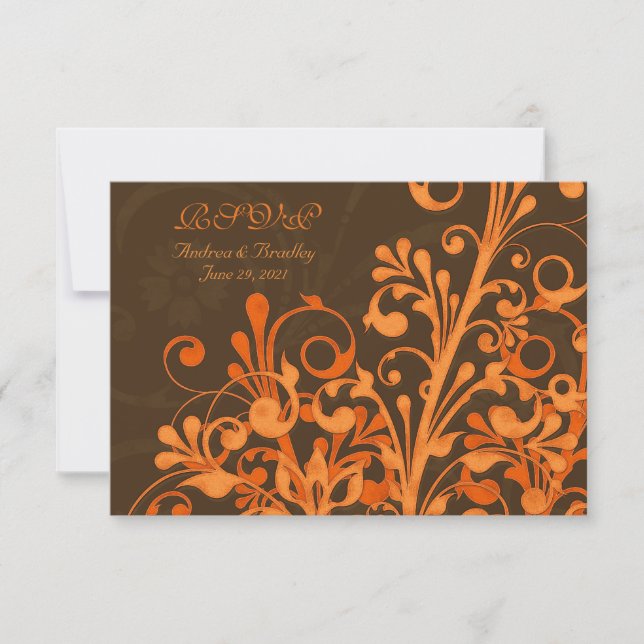Brown Orange Floral Fall Wedding Response Card (Front)