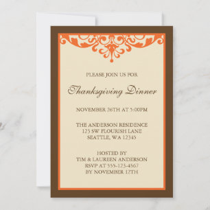 Brown & Orange Flourish Scroll Thanksgiving Dinner Invitation