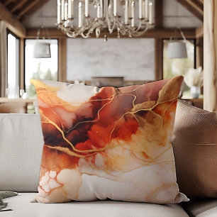 Brown Orange Gold Alcohol Ink Marbled Cushion