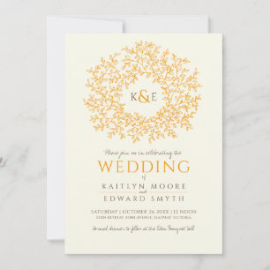 Brown orange hand drawn leaf monogram art wedding invitation