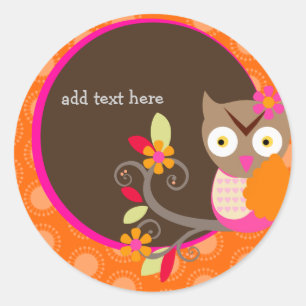 Brown+Orange+Hot Pink Owl stickers/add monogram Classic Round Sticker
