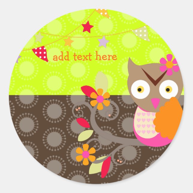 Brown+Orange+Hot Pink Owl stickers/add monogram Classic Round Sticker (Front)